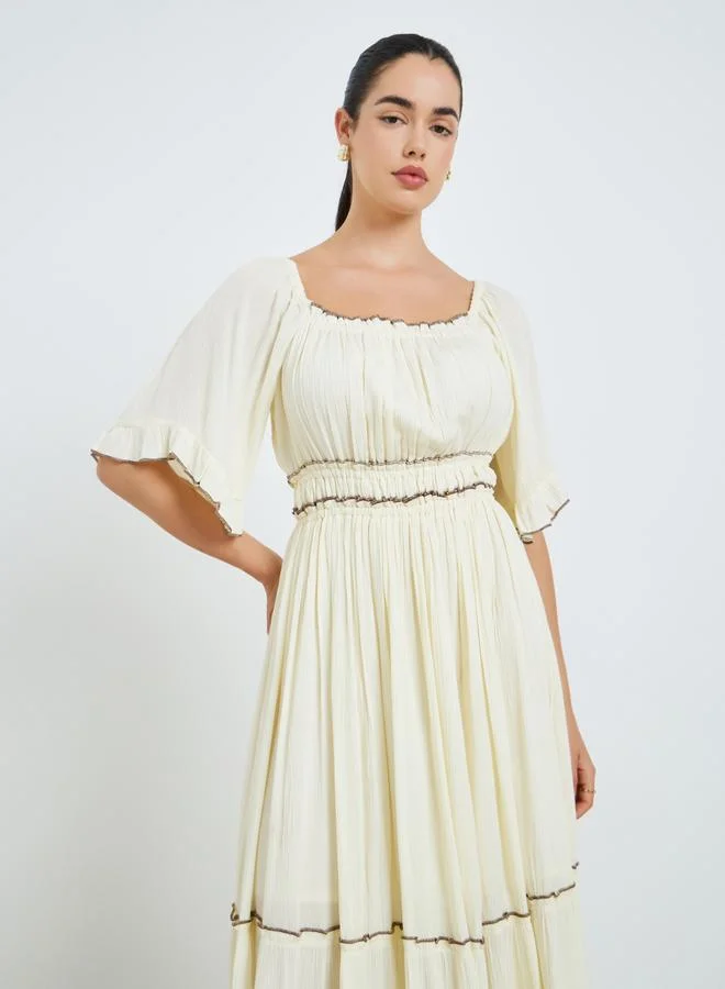 Styli Women Cream Bell Sleeve Ruffled Hem Midi Dress